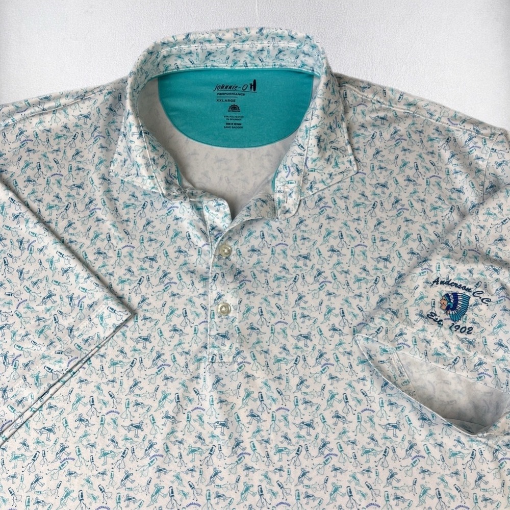 Johnnie-O Golf Polo Mens 2XL White Blue Sand Bagger Anderson Performance Shirt